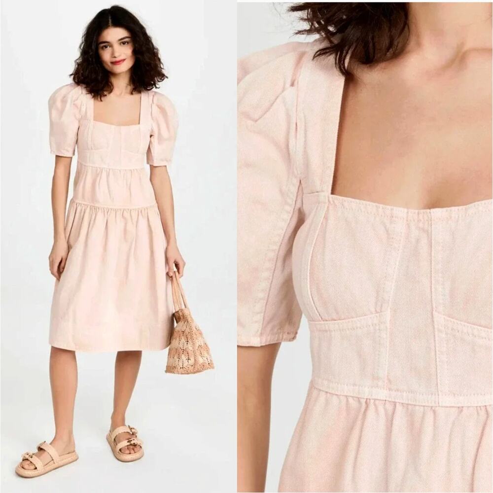Ulla Johnson 2 Ames Corseted Denim Dress $555 Puff Shoulder Cotton Pockets Pink